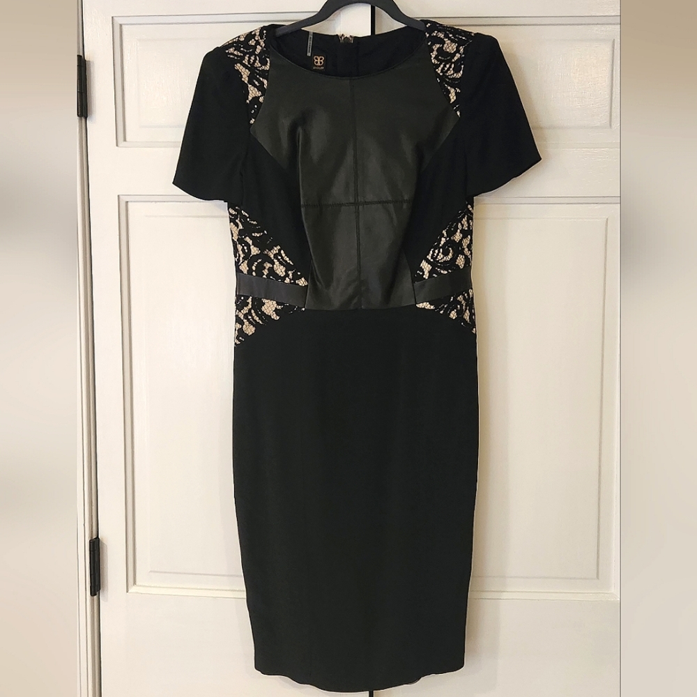 BASLER • Black & Tan Accented Dress with Leather & Lace, Size 8